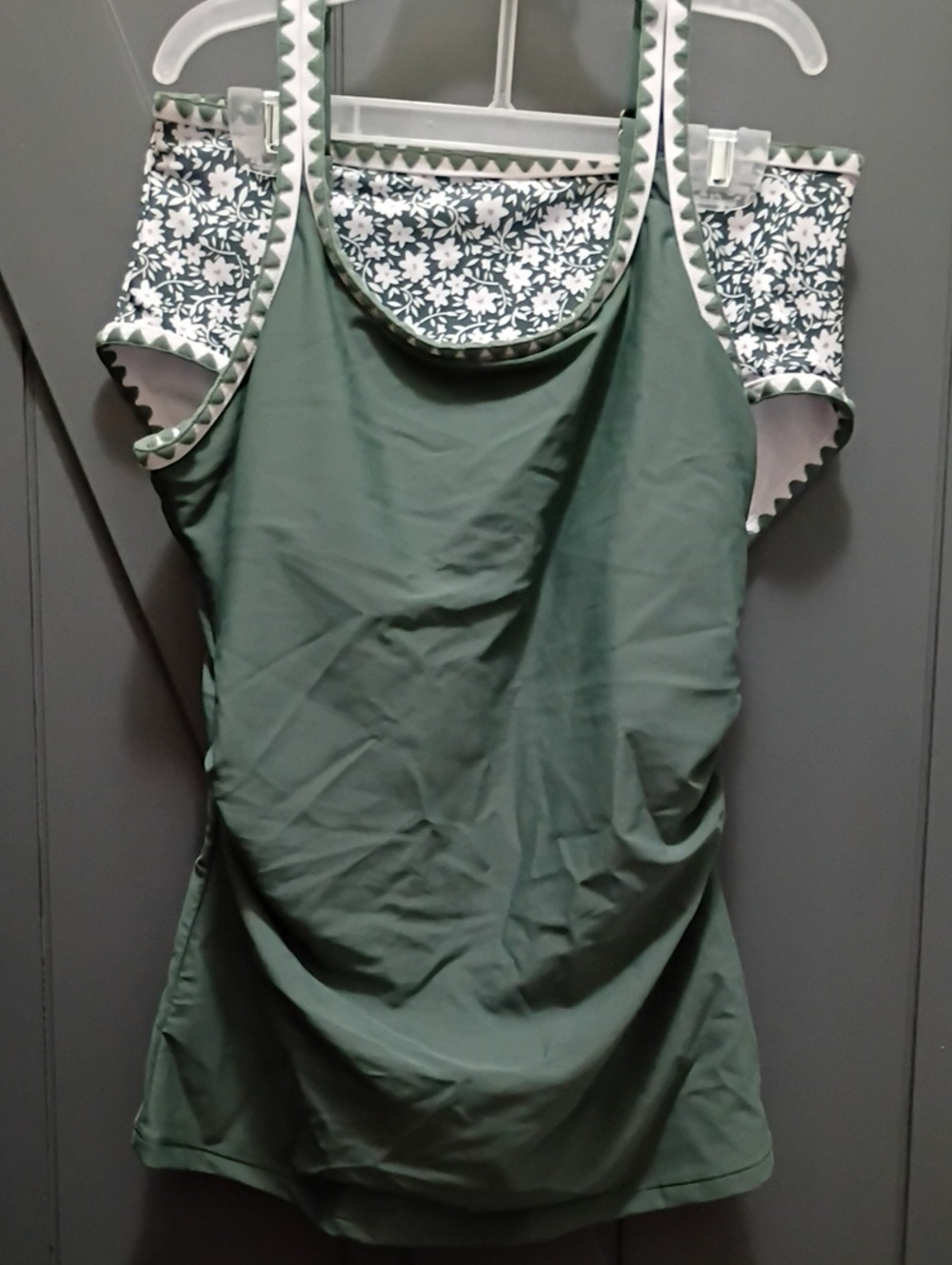 Teen Girls Olive Green Floral-Trim Tankini Top
